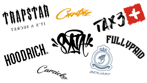Popular UK streetwear brand logos - trapstar hoodrich syna world corteiz fullypaid tax3 carsicko benjart