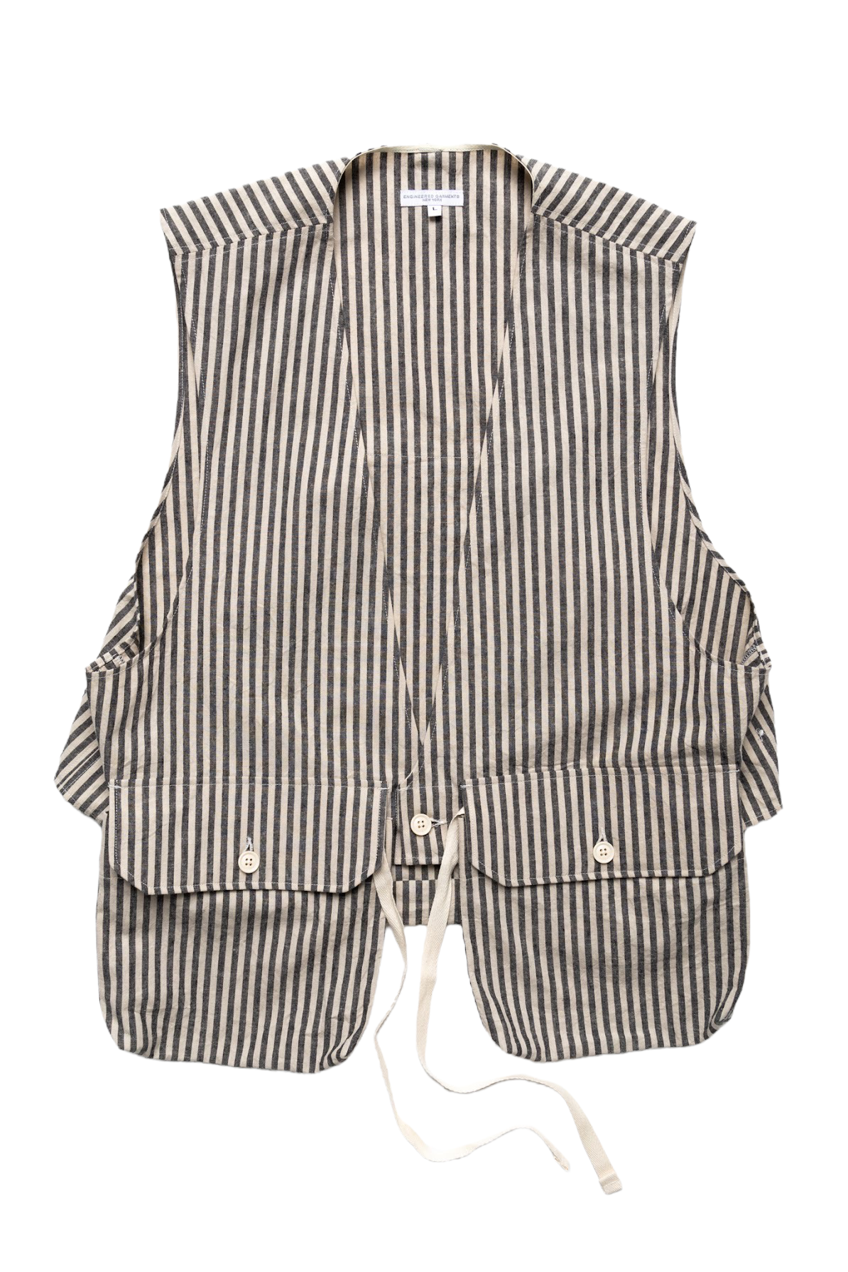 Engineered Garments uniquely arranged pinstripe vest featuring dual front pockets that can be tied together at the front. Pair with any outfit for an elevated utility look. Color: Natural/Black 55% linen, 45% cotton Made in USA Model is 6'3 wearing a size L. Unisex. 