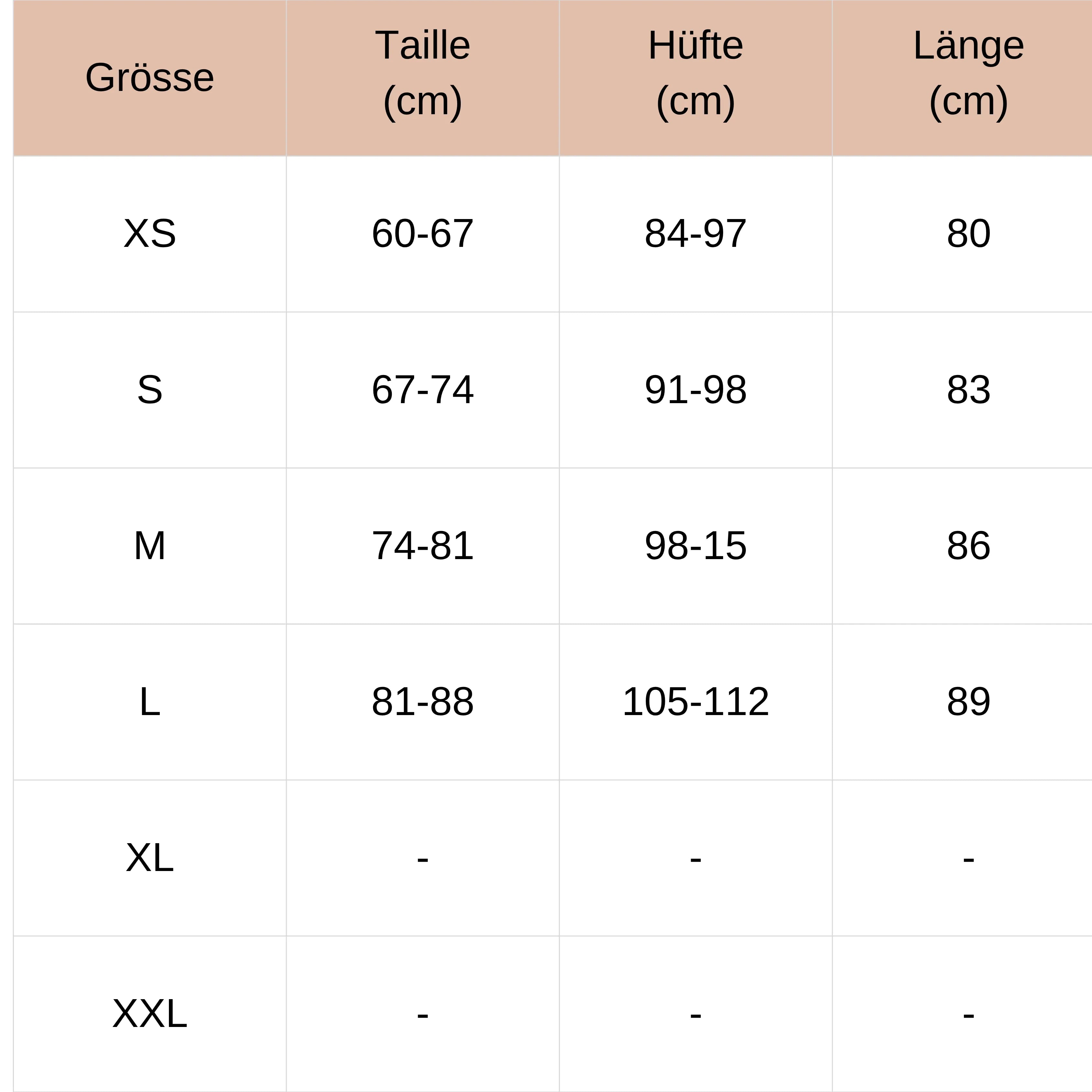 Grössentabelle Leggings