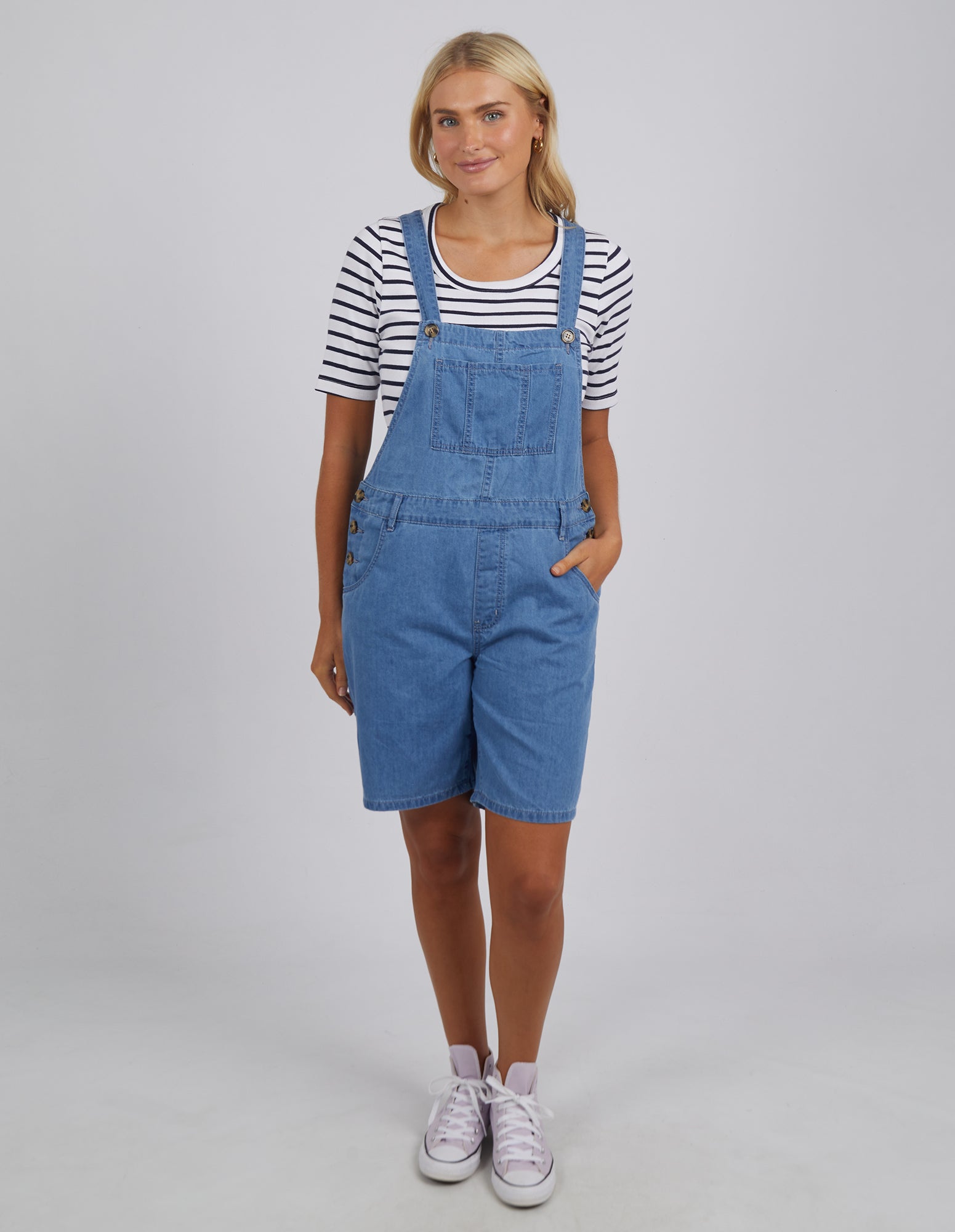 Matilda Short Denim Overalls Mid Blue Wash