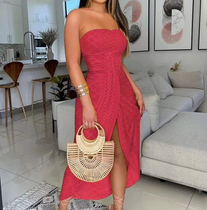 Strapless Midi Dress with Openwork Embroidery and Slit