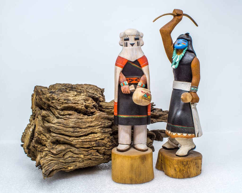 Snow Maiden (Nuvakchin Mana), left, by Stewart Nicholas, and Turquoise Lady, right, by Neil David, two talented Hopi carvers.