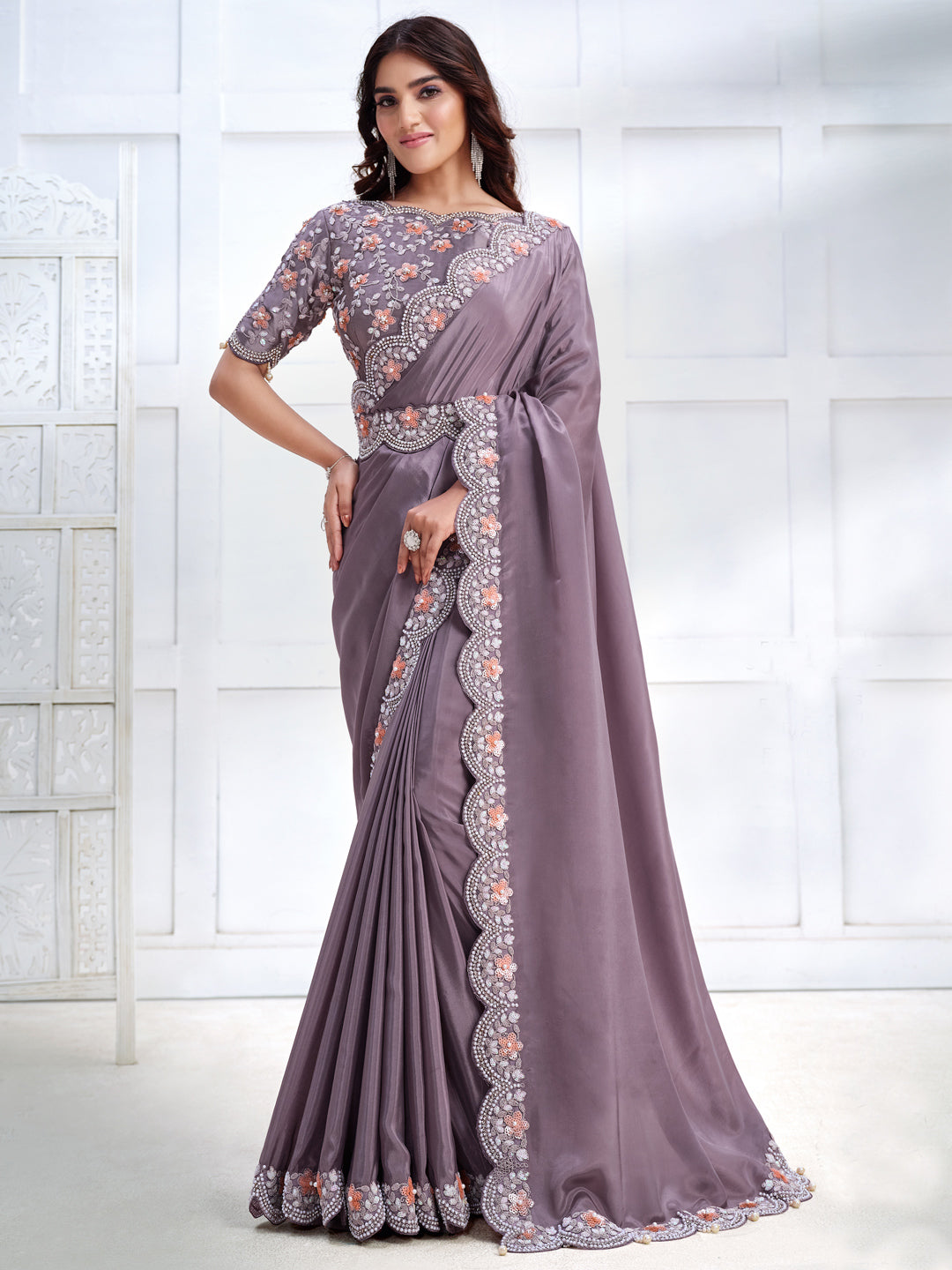 Party Wear Superior Embroidered Work Lavender Color Saree Featuring Va