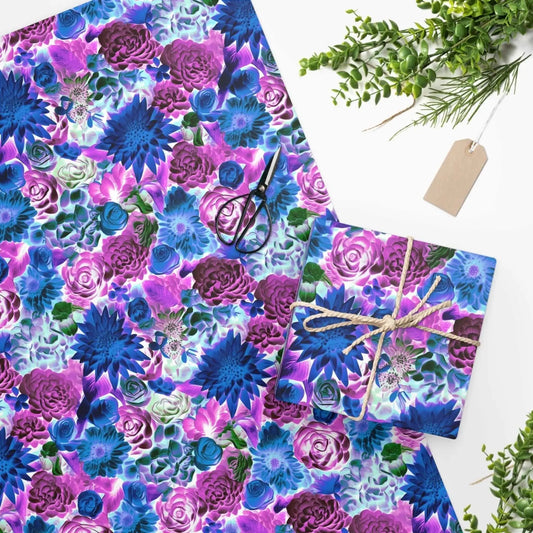 Moody Florals - Blue + Pink Wrapping Paper by Lathe and Quill