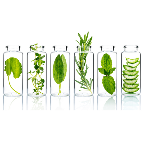 Natural ingredients in glass bottles