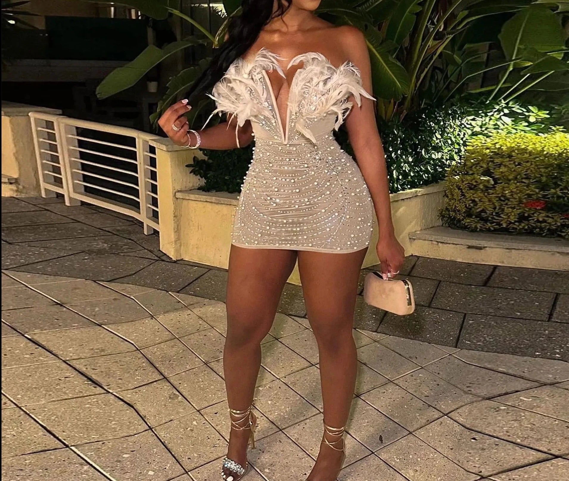 Sheath Dress High Waist Feather Bodycon Dress Women Strapless Rhinestone Pearl