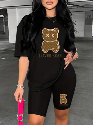 Women's Casual Loose  Lover Bear Print Two Piece Outfit_ Short Sleeve - Novus Icon