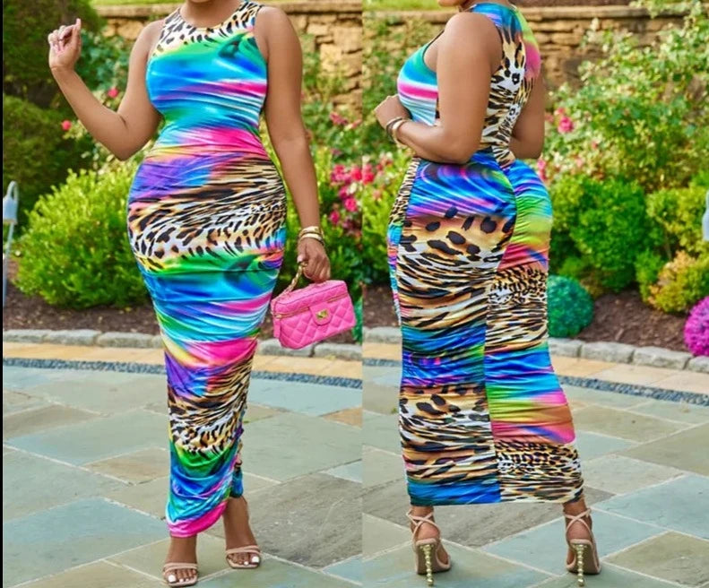 Rainbow Leopard Sleeveless O-Neck Skinny Over-The-Knee Dress Fashion Dress