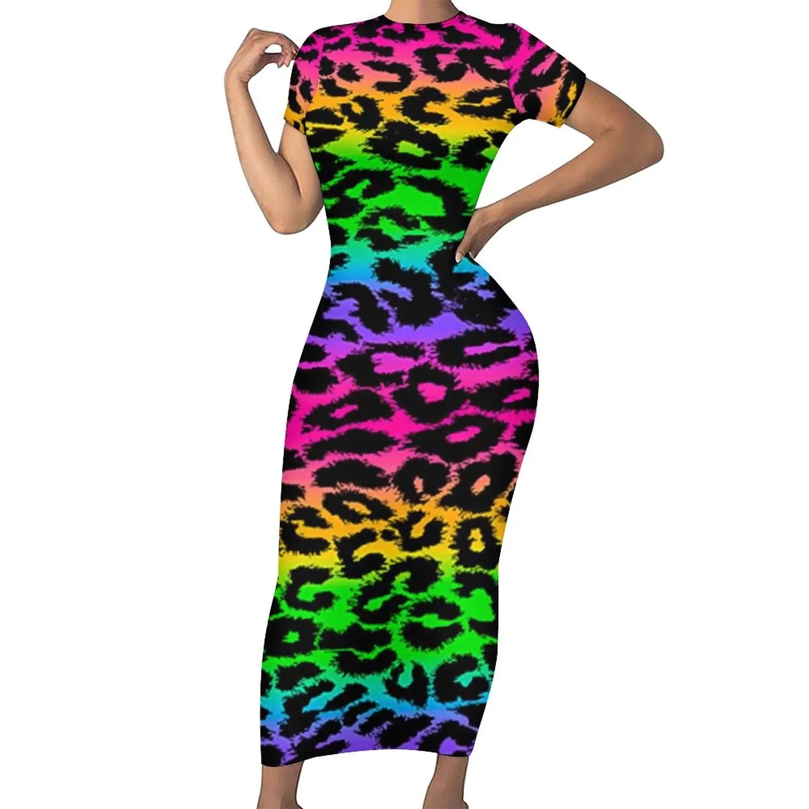 Leopard Rainbow Bodycon Dress Aesthetic Print Elegant Maxi Dresses Short Sleeve Pattern Style Dress
