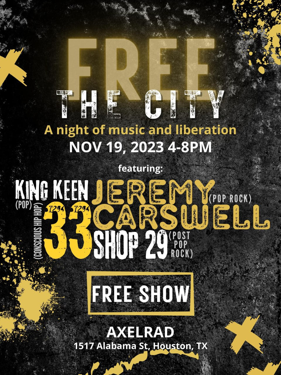 Concert Poster Houston Texas Axelrad Jeremy Carswell November 19 2023