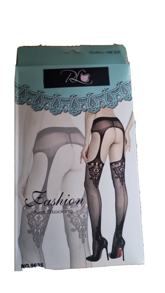Womans Sexy Black Crotchless Fishnets Suspender Tights Stockings One Size UK