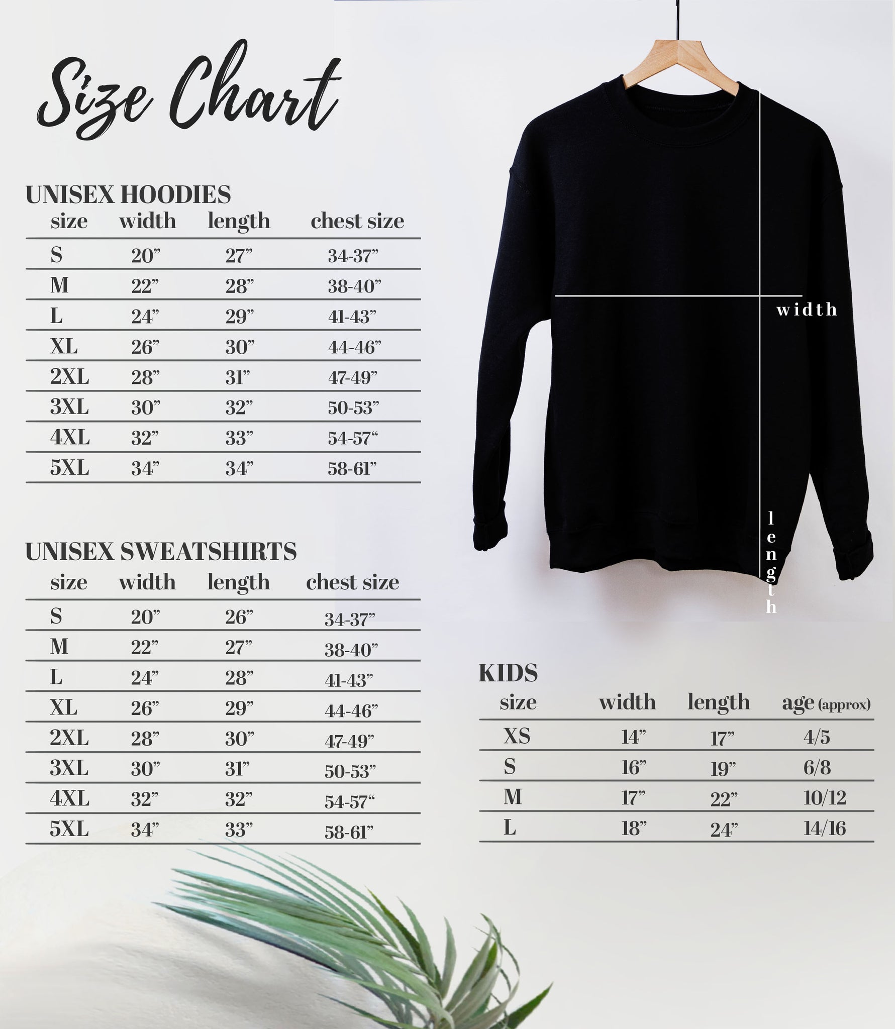BootsTees Hoodie and Sweatshirt Size Chart