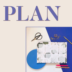 A Planner pad flatlay image is in the bottom right corner, with the word Plan in capitals across the top of the square
