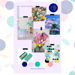A digital moodboard, featuring images 'taped' up on a coloured panel, with colour palette swatches at the bottom for inspiration.