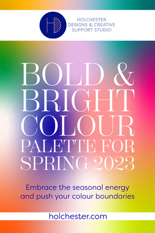 Blog Cover Graphic - Bold & Bright colour palette for Spring 2023. Behind the text is a blur of colour gradients using the colours in the palette including a hot pink, a deep blue and a chartreuse green.