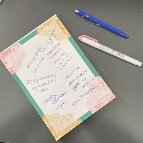 An open notebook is on a grey desk with a blue biro and pink highlighter next to it.  On the notepad are a lots of quickly written keywords relating to the pattern collection Rachel is making a mood board for.  Some of these words, such as Playful, imperfect, fun, and family are all highlighted in pink.