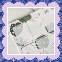 Top left corner of Blush Leaves Planner Pad design - 6 of hte 8 boxes are visible with headers Less than 20, 30 minutes - 1hr, 1-2 hours, and on the bottom row it says rest of the month's social and Make it in design.