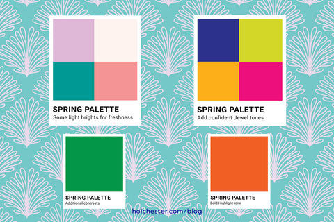 4 Pantone-style cards - two at the top each with 4 colour swatches within it, and two on the bottom row each with a single colour.