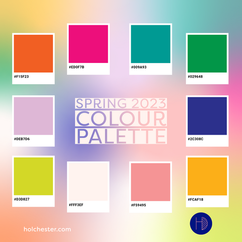 Square graphic with bright gradient background. On it are 10 pantone-style colour cards, each with a colour from the Holchester Designs Spring 2023 Colour Palette