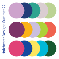 Holchester Designs Summer 2022 Colour Palette - 5 rows of 5 circles, each with a different colour from the palette.