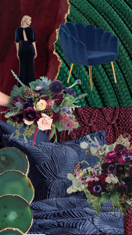 Collage of images put together for the Winter colour palette, all in deep burgendy, navy and forest green tones.  Includeing navy velvet bucket chat, green agate slices and dark floral bouquets.