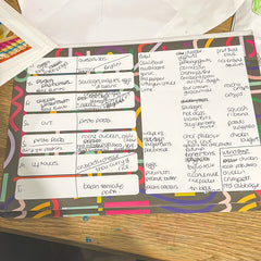 A Cutouts Meal Planner pad is laid flat on a wooden table.  On it there are lots of meals planned out, and a shopping list to the right.  The corners of the pages are folded over and it's clearly a well used note pad.