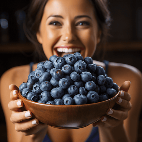 A smiling lady, holding a handful of fresh blueberries