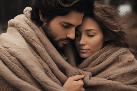 Dreamy romantic couple cuddling under a cozy blanket on a chilly day