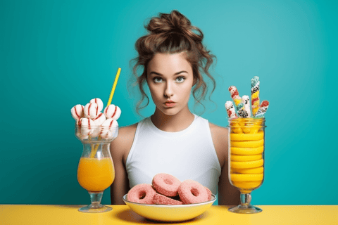 a pretty women eating too much sweet food