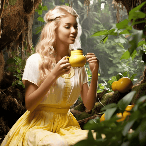 Stunning woman with blonde hair, wearing light, airy yellow dresses, in the jungle, drinking a Maca root beverage and is happy