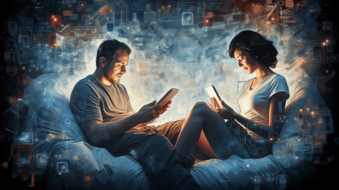 couple sitting on the bed together while using smart phones,in the style of distinct framing