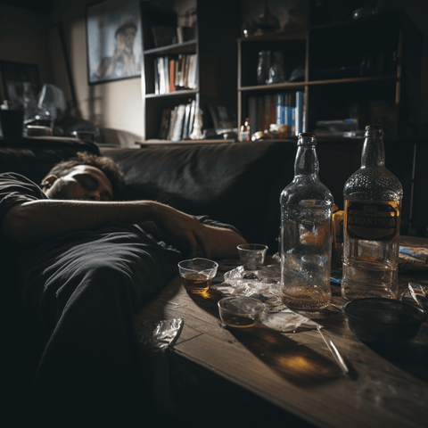 young man sleeping on sofa, clean apartment, empty bottles of alcohol