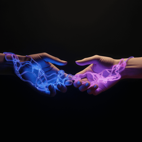 two people's fingers connecting like a neural connections, dark colors with some lilac and blue klein gradients touch
