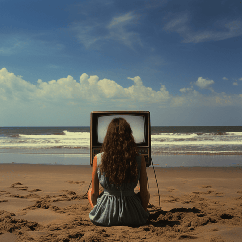 woman at the beach watching old TV