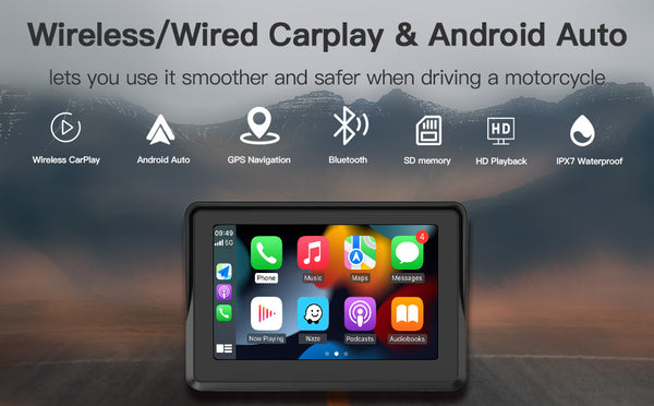 5 Inch HD Touch Screen Wireless Carplay Android Auto IPX7 Motorcycle  Navigator