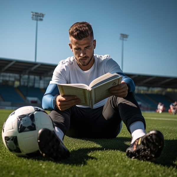 Bild eines Fußballspielers, der auf dem Spielfeld ein Buch liest.