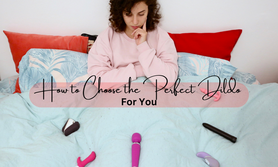 Woman on a bed with dildos thinking what to choose