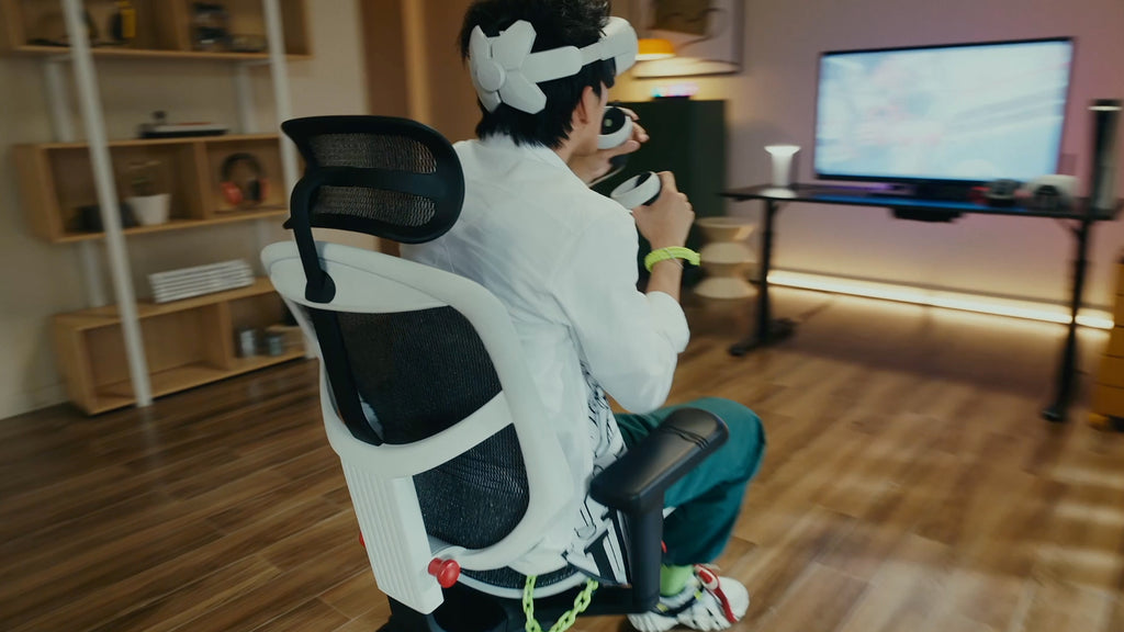 rear right view of the Enjoy Ultra gaming chair. a man in a white jacket is playing on his VR headset, holding two motion controllers