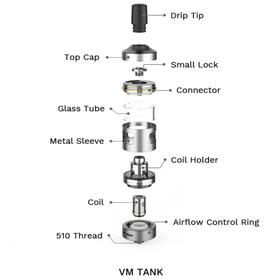 The VM vape tank features top filling and adjustable airflow