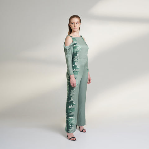 COWLED ORGANIC SAGE GREEN JUMPSUIT