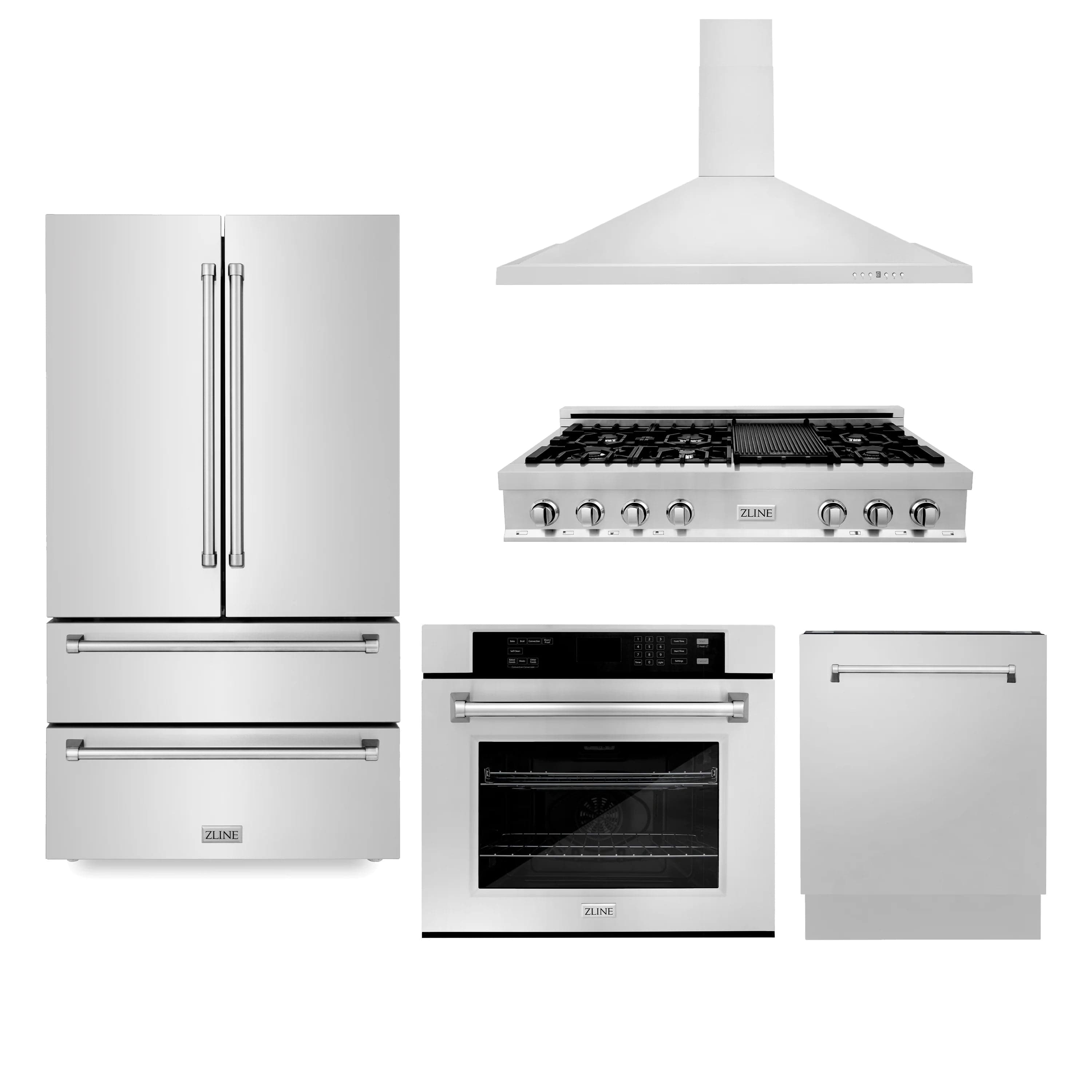 ZLINE 5-Piece Appliance Package - 48 In. Gas Rangetop, Range Hood, Refrigerator, Dishwasher and Wall Oven in Stainless Steel, 5KPR-RTRH48-AWSDWV