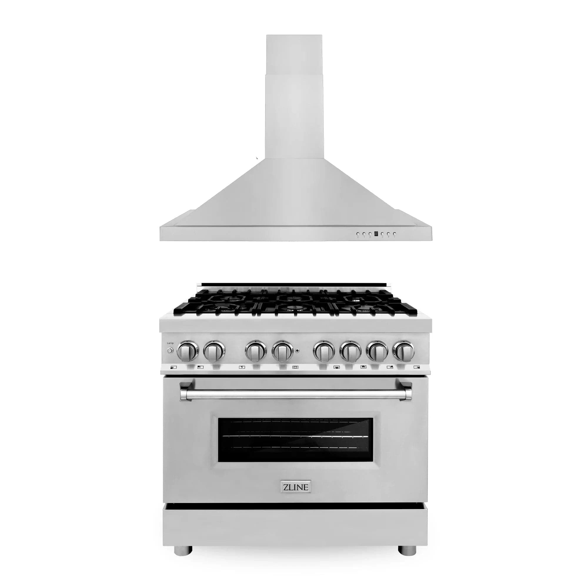 ZLINE 2-Piece 36" Kitchen Appliance Package with Stainless Steel Dual Fuel Range and Convertible Vent Range Hood, 2KP-RARH36