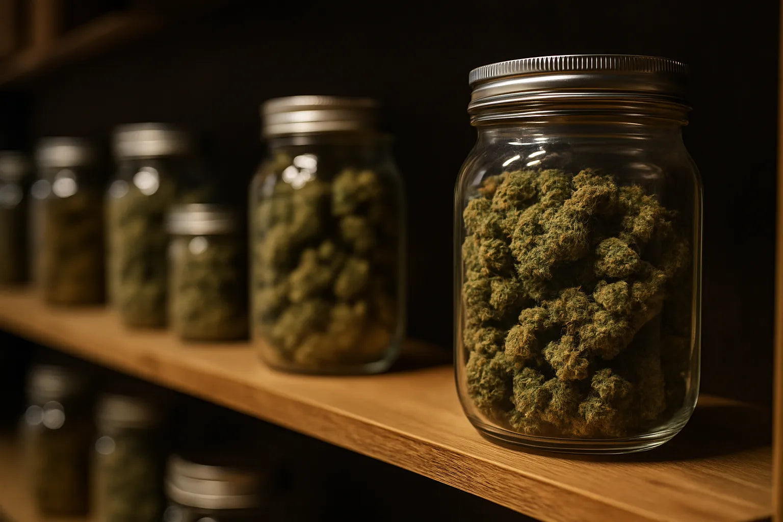 Jars en verre remplis de fleurs CBD premium, symbole de conservation optimale       Demander à ChatGPT