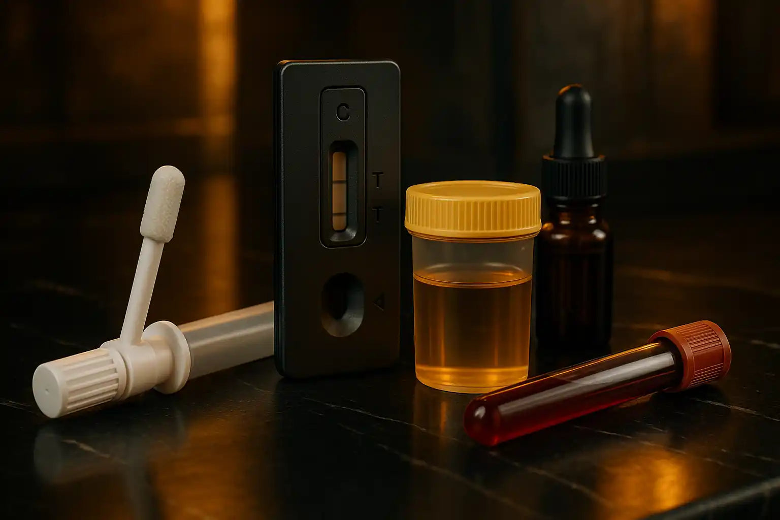 Matériel de dépistage THC — test salivaire, flacon urinaire et tube sanguin posés sur une surface sombre, ambiance premium street-luxe.