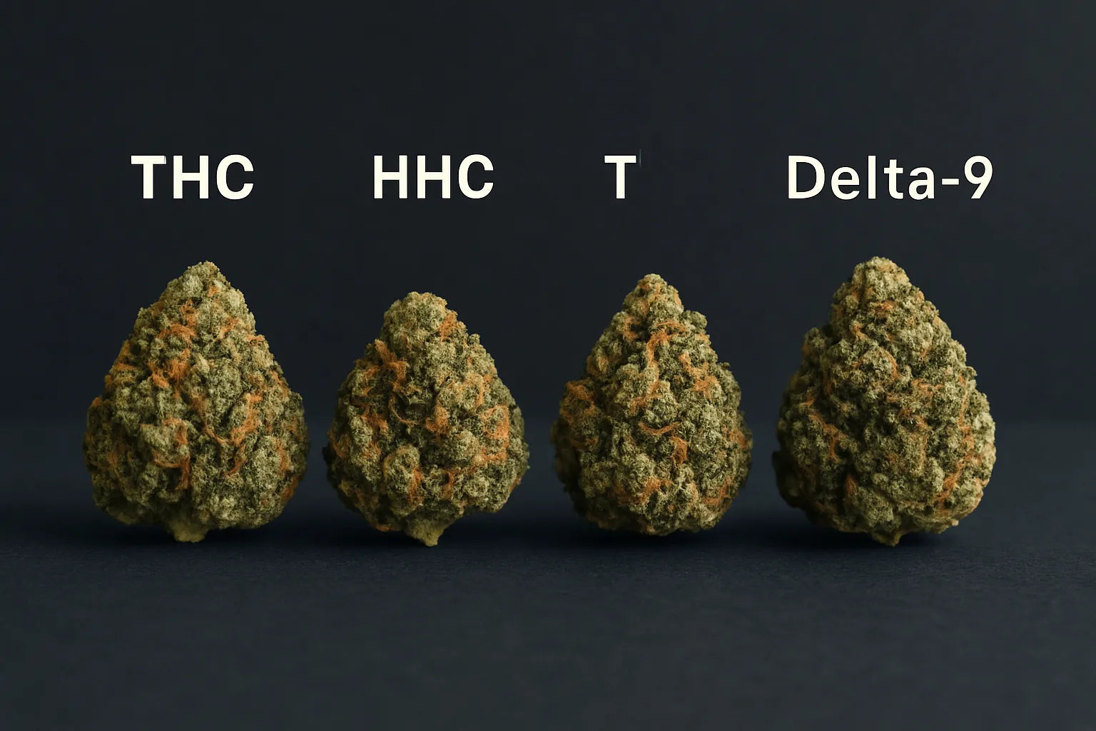 Photographie comparant différentes molécules de cannabis légales, éclairage neutre et ambiance scientifique