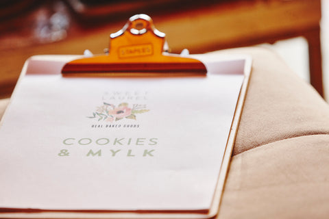 clipboard with writing "cookies and mylk"