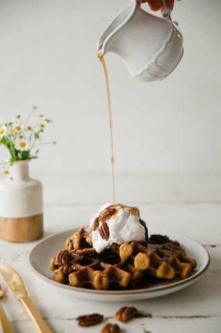 Pumpkin Waffles with Candied Pecans and Coconut Whipped Cream