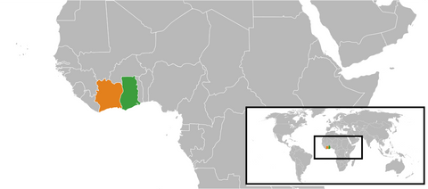 Ghana and the Ivory Coast on a map of Africa