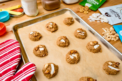 Banana Cashew Coconut Cookies on a baking sheet