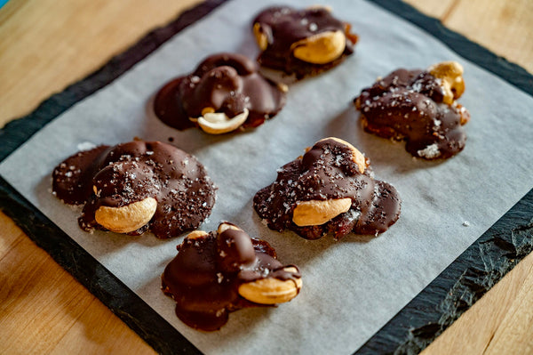 Chocolate Turtles made with Mavuno Harvest Organic Dates and Dry Roasted Cashews
